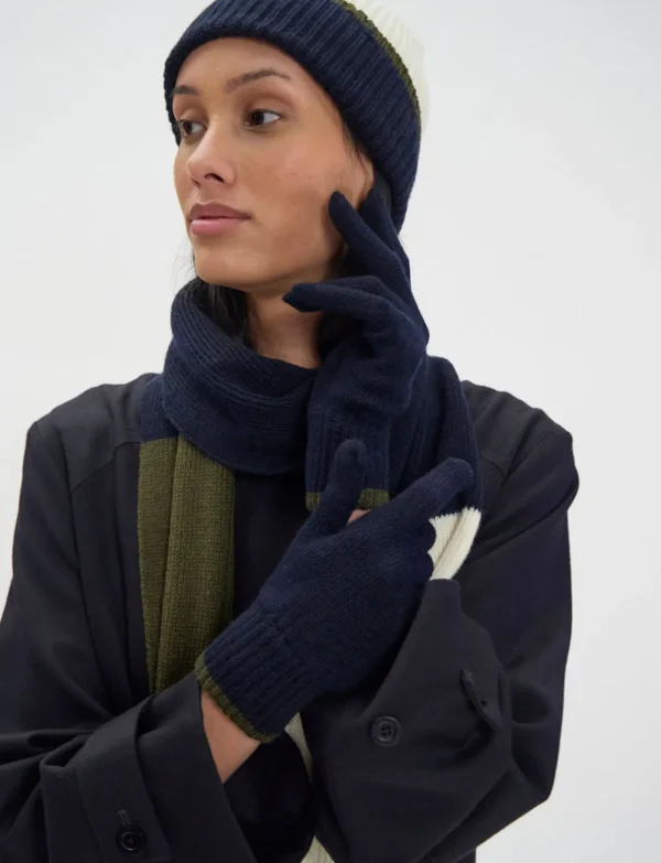 Discount Ines de la Fressange Paris Bahia gloves in navy knit, khaki mesh