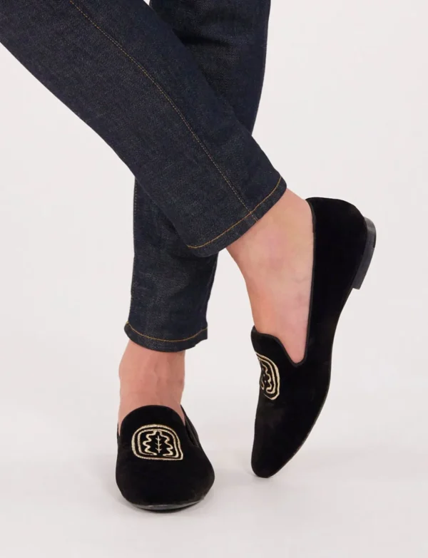 Best Sale Ines de la Fressange Paris Black embroidered velvet slippers