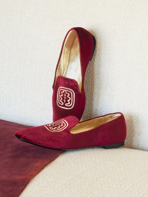 Online Ines de la Fressange Paris Burgundy embroidered velvet slippers