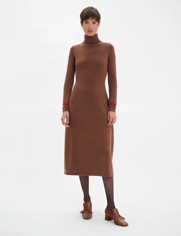 Cheap Ines de la Fressange Paris Divine brown turtleneck dress, fuchsia trim