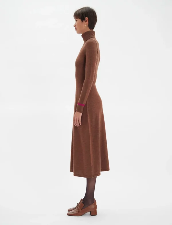 Cheap Ines de la Fressange Paris Divine brown turtleneck dress, fuchsia trim