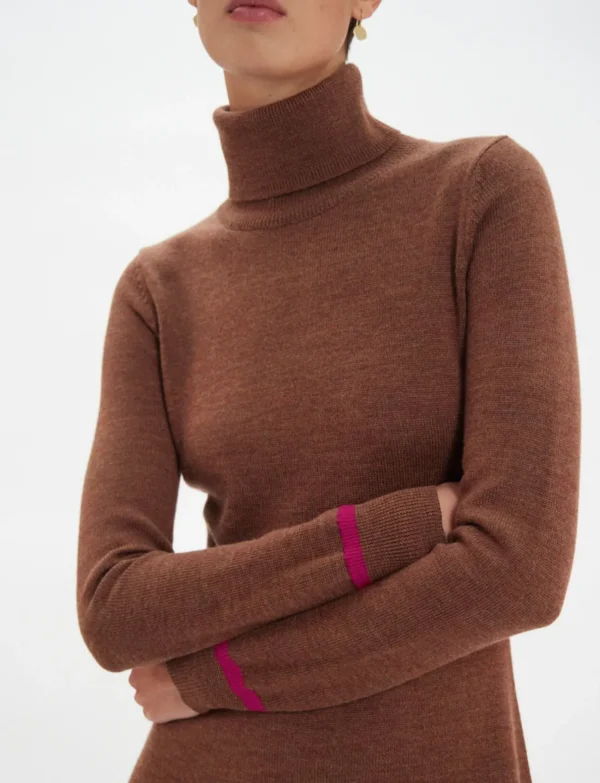 Cheap Ines de la Fressange Paris Divine brown turtleneck dress, fuchsia trim