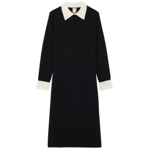 Best Ines de la Fressange Paris Gabby dress in black merino wool, white cuffs