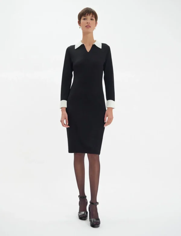 Best Ines de la Fressange Paris Gabby dress in black merino wool, white cuffs