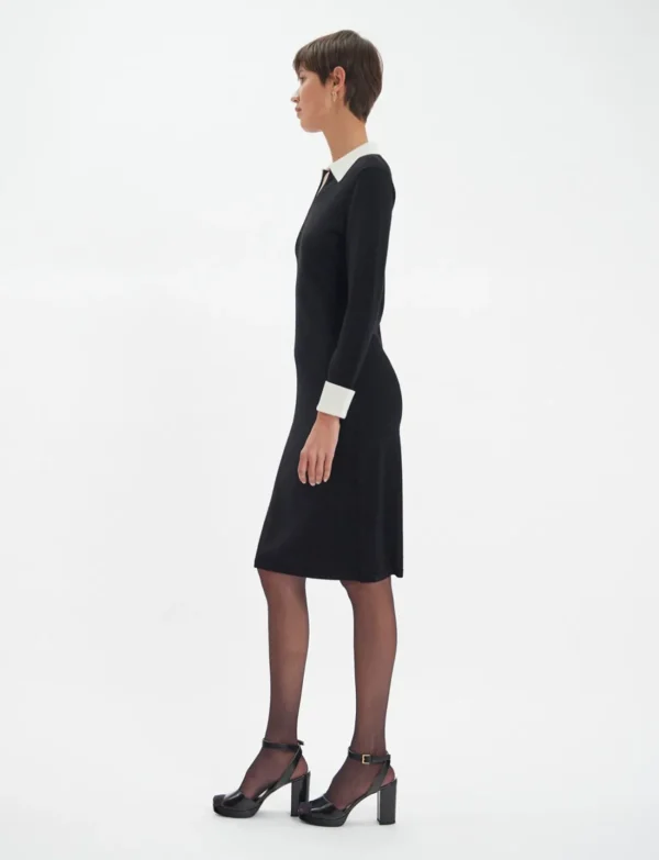 Best Ines de la Fressange Paris Gabby dress in black merino wool, white cuffs