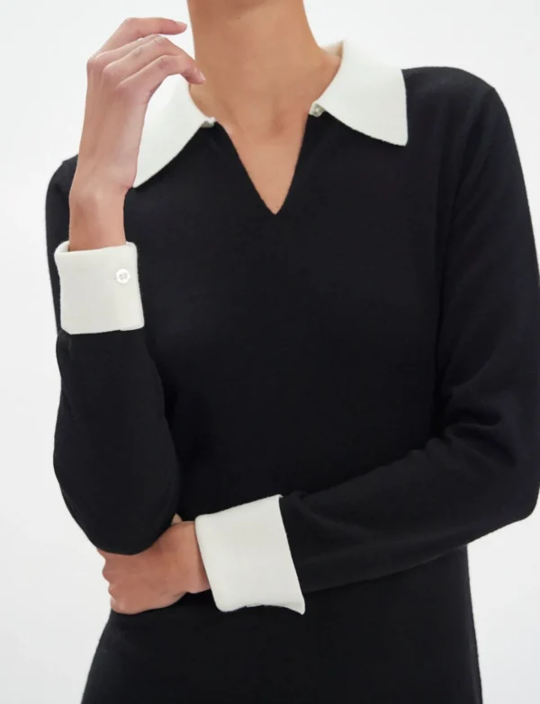 Best Ines de la Fressange Paris Gabby dress in black merino wool, white cuffs