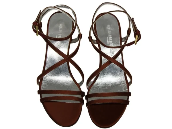 Shop Ines de la Fressange Paris Heeled sandals, tobacco satin straps