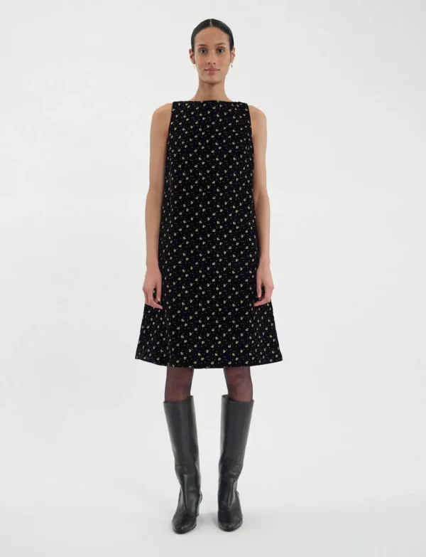 Clearance Ines de la Fressange Paris Madeleine dress in smooth black velvet, gold print