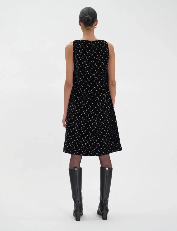 Clearance Ines de la Fressange Paris Madeleine dress in smooth black velvet, gold print