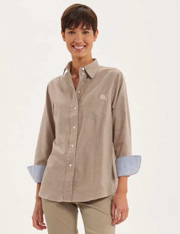 Best Sale Ines de la Fressange Paris Maureen brown and ecru shirt, contrasting lapels