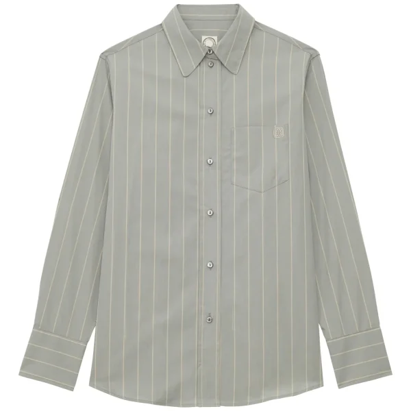 Sale Ines de la Fressange Paris Maureen shirt in almond green cotton with beige stripes