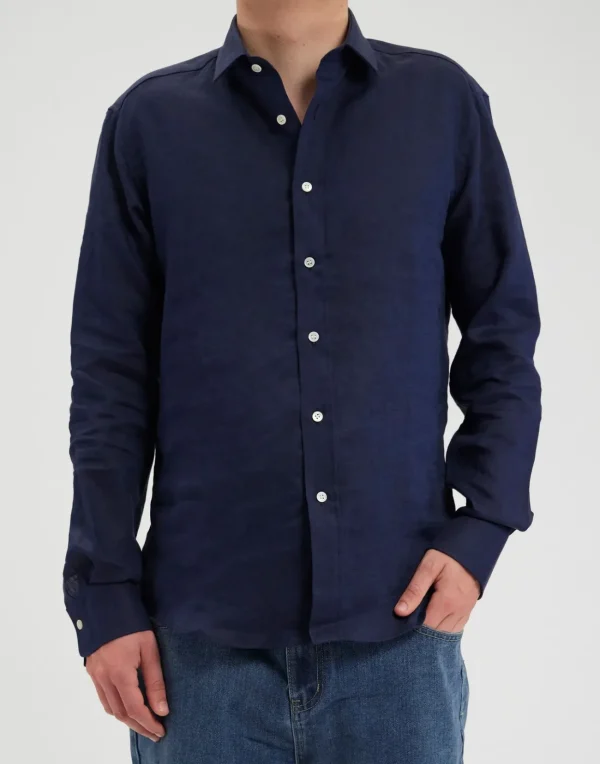 Cheap Ines de la Fressange Paris Olivier men's shirt in navy blue linen