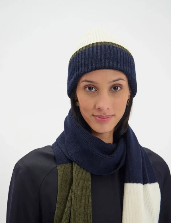 Clearance Ines de la Fressange Paris Pedro beanie in ecru navy knit, khaki mesh