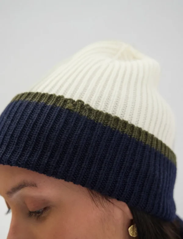 Clearance Ines de la Fressange Paris Pedro beanie in ecru navy knit, khaki mesh