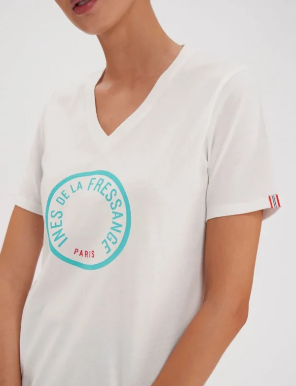 Hot Ines de la Fressange Paris Pia white logo turquoise tee shirt