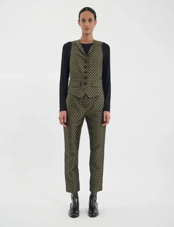 Hot Ines de la Fressange Paris Robinson vest in black and gold jacquard weave